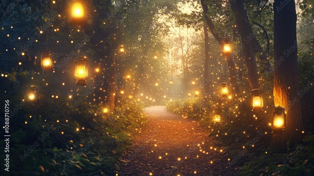 Aufkleber Twilight forest path illuminated by lanterns, with sparkling lights adding a touch of magic and wonder to the scene.