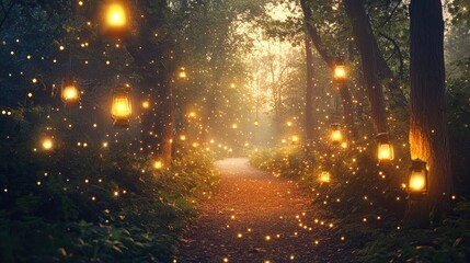 Twilight forest path illuminated by lanterns, with sparkling lights adding a touch of magic and wonder to the scene.