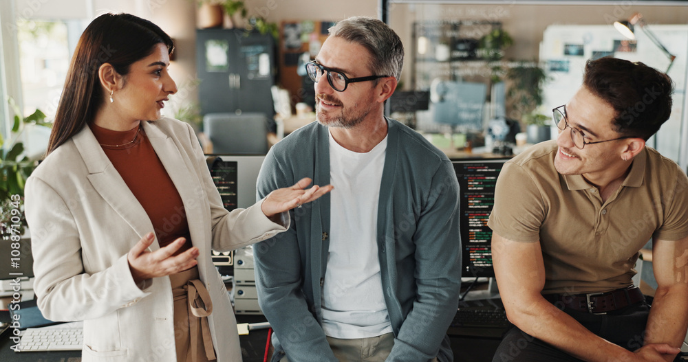 Poster Programmers, people or talking in office for advice, feedback or problem solving at tech. Programming team, discussion or pitch in agency for collaboration, project management or software development