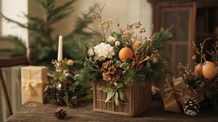 Fototapeta premium Rustic christmas gift arrangement with natural decorations for festive inspiration.