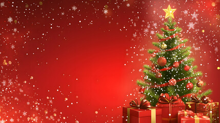 
Christmas greetings vector background design. Christmas greeting text with fir tree and gift box ornaments and decorative elements on red elegant background.