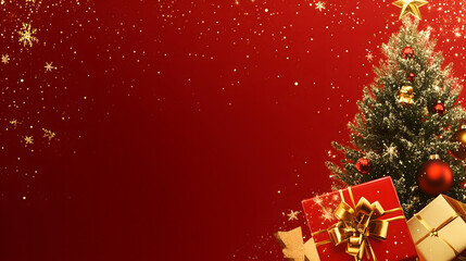 
Christmas greetings vector background design. Christmas greeting text with fir tree and gift box ornaments and decorative elements on red elegant background.