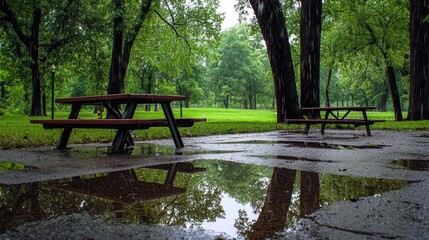 Wet benches and a picnic table in a park being wiped clean after a rainstorm, with water droplets reflecting the surrounding greenery.
