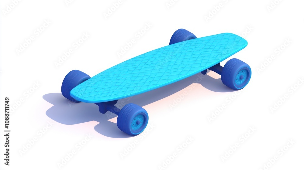 Poster a blue skateboard with a textured surface and four wheels, designed for recreational use.