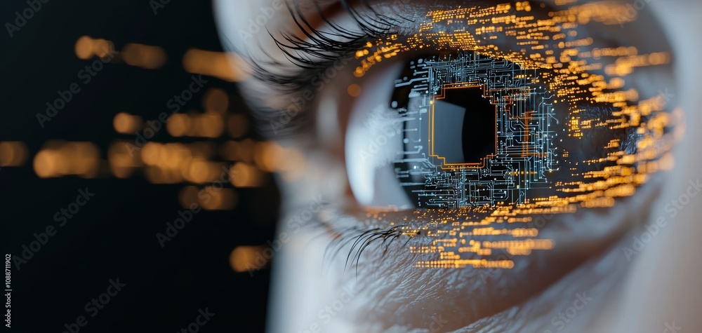 Poster Eye technology data concept. A close-up of an eye merged with digital data streams, symbolizing technology, vision, and the interface between humanity and digital innovation.