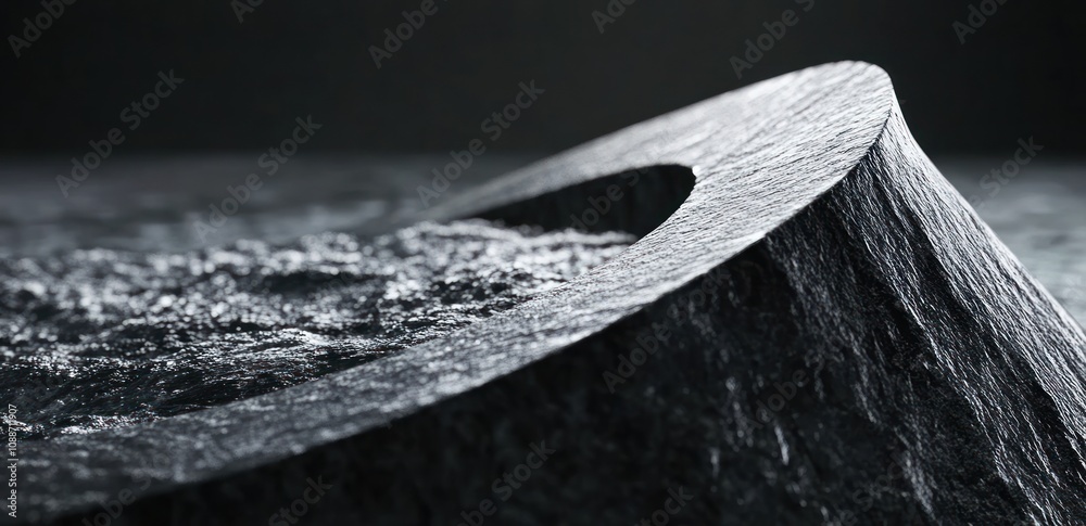 Poster A close-up of a textured, circular stone object with a hole, set against a dark background.