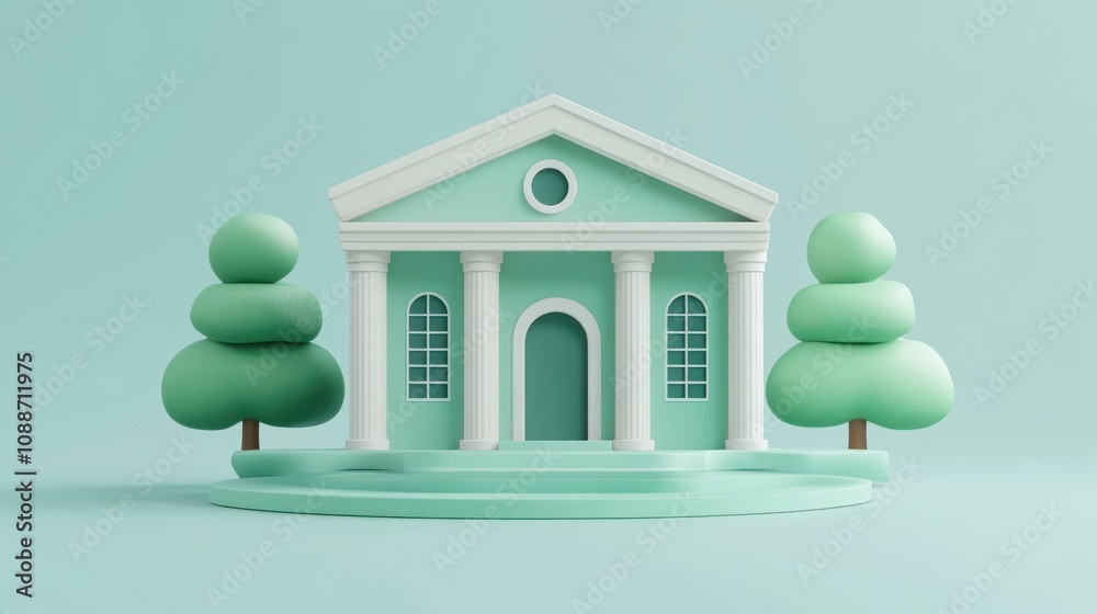 Poster A stylized building with columns and trees, set against a soft background.