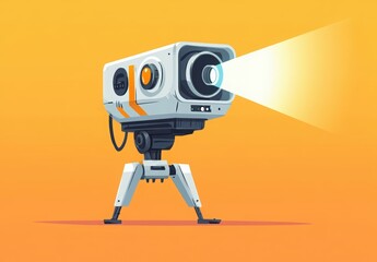 National Popcorn Day. Movie projector, movie film camera on a tripod projecting onto a wall, projector beam coming out of the lens. Graphic design poster art depicts a movie camera