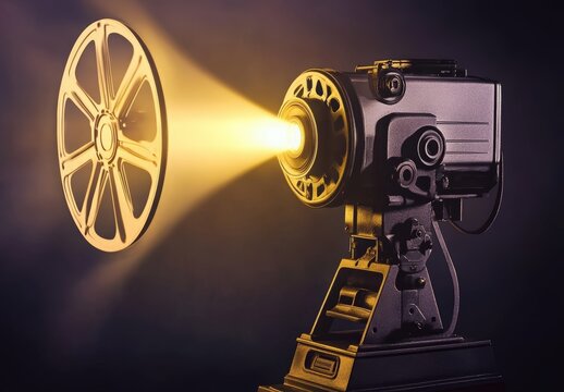 National Popcorn Day. Movie projector, movie film camera on a tripod projecting onto a wall, projector beam coming out of the lens. Graphic design poster art depicts a movie camera