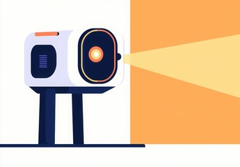 National Popcorn Day. Movie projector, movie film camera on a tripod projecting onto a wall, projector beam coming out of the lens. Graphic design poster art depicts a movie camera