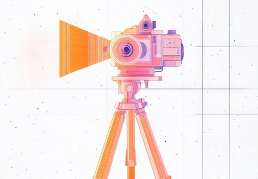 National Popcorn Day. Movie projector, movie film camera on a tripod projecting onto a wall, projector beam coming out of the lens. Graphic design poster art depicts a movie camera