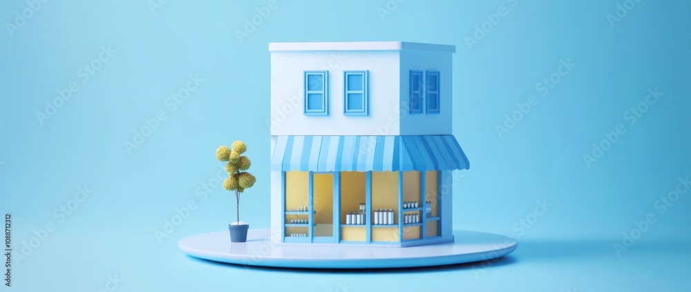 Poster a whimsical 3d model of a small shop with a blue awning and a tree.