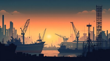 Obraz premium Sunset over industrial harbor with ships and cranes.