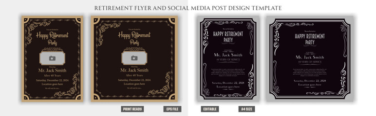 Set of retirement party invitation, square banner, instagram story and a4 poster, vector illustration eps 10 Retirement Party Invitation Layout with Gold Accents.
