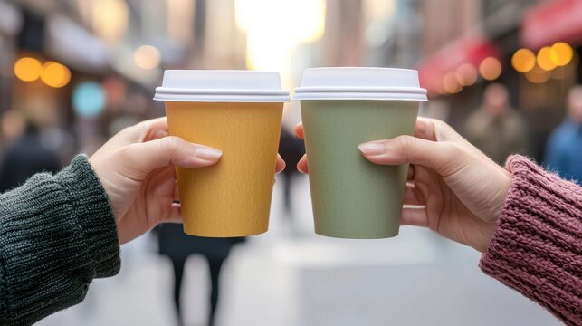 Diverse Groups of Friends Exploring a City concept. Close-up of diverse hands holding coffee cups against a bustling street backdrop, connection in the city - Powered by Adobe