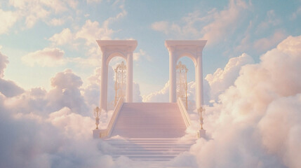 Serene Stairs to Heavenly Gates Above Fluffy Clouds