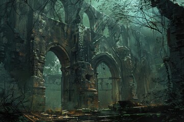 Naklejka premium Overgrown Ruins of a Stone Cathedral in a Dark Forest