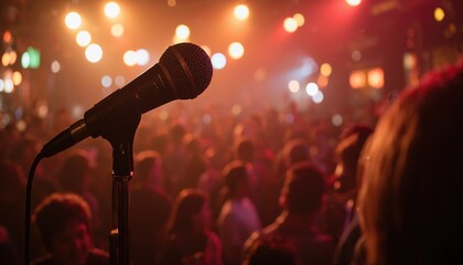 Obraz premium Close-Up of Microphone in Vibrant Performance Space, Ideal for Music Events, Live Performances, and Artistic Promotions.