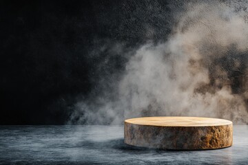 Dramatic smoke display on circular platform studio setting photography artistic environment close-up view visual concept