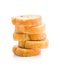 Sliced roasted bruschetta bread isolated on white background.