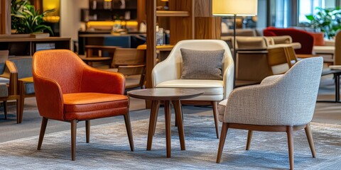 A collection of designer chairs displayed in a high-end furniture showroom.