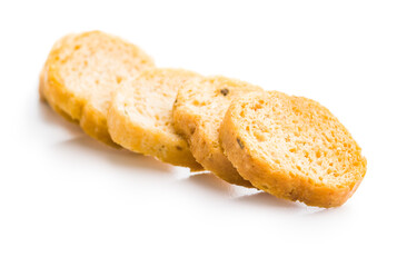 Sliced roasted bruschetta bread isolated on white background.