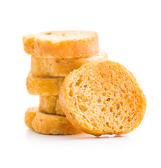 Sliced roasted bruschetta bread isolated on white background.