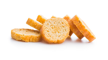 Sliced roasted bruschetta bread isolated on white background.