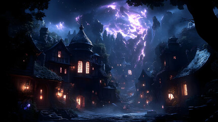 Night Village: Enchanting Fantasy Town Lit by Stars and Magic