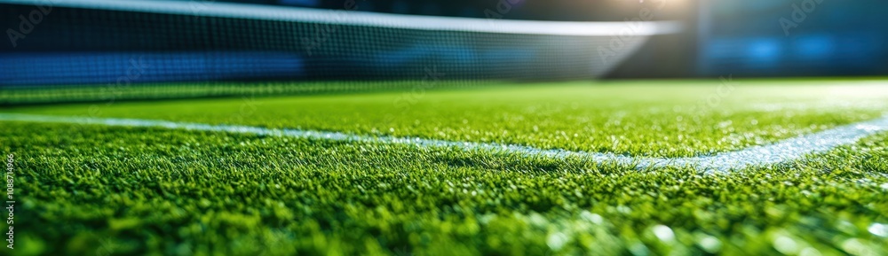 Poster A close-up view of a well-maintained artificial grass sports field with boundary lines.