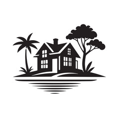 A stylized, black and white vector graphic of a charming little house nestled on a small island..eps
