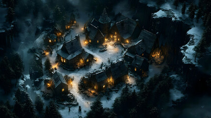 Snowy Village at Night: Enchanting Winter Scene, Cozy Cottages Illuminated