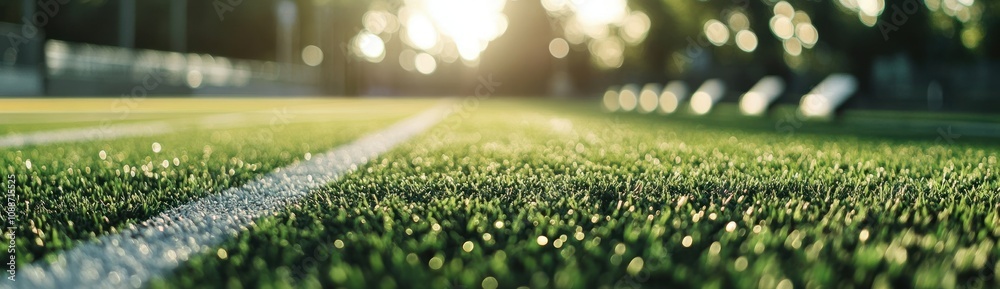 Aufkleber A close-up view of an artificial turf field with sunlight filtering through the trees.