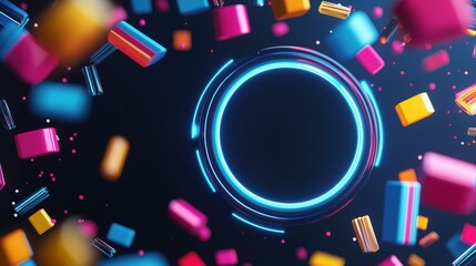 Colorful neon geometric shapes and glowing ring on black background – dynamic abstract 3d objects with vibrant pink, blue, and yellow hues floating in motion