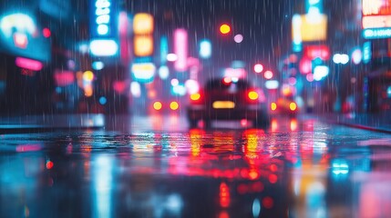 Obraz premium Nighttime urban rainy street with car and vibrant neon lights reflecting on wet pavement, creating a dynamic and colorful cityscape atmosphere