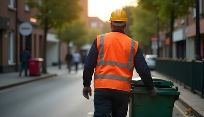 Garbage man dustbin waste disposal on an urban street