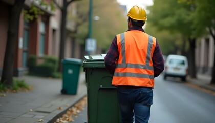 Garbage man dustbin waste disposal on an urban street