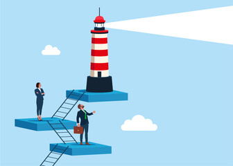 Business concept a ladder Corporate of success. Business people climb ladder to lighthouse. Global business vision, creativity, foresight, strategic analysis. Search ideas for business.  © Vadym