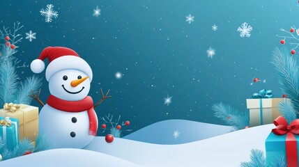 Fototapeta premium Winter holiday background banner cute snowman Merry christmas and happy new year