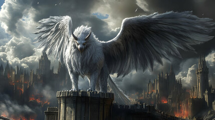 Griffin Soaring Above Burning Cityscape: Fantasy Epic