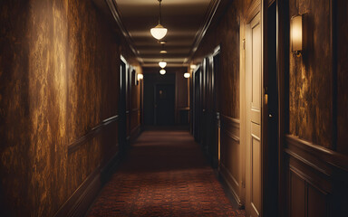 Scary gloomy hotel hallway
