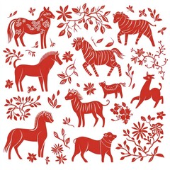 Red silhouette illustration of horses, zebras and pigs with floral design elements.