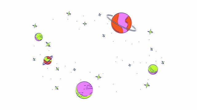 Floating planets and blinking stars in outer space hand drawn 2D object animation. Deep cosmos cartoon doodle 4K video. Celestial bodies. Universe sky animated handdrawn element isolated on white