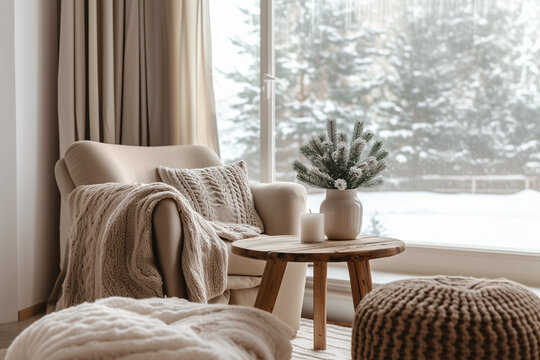 Cozy Living Room with Sofa, Knit Blanket, Wooden Side Table, Candle and Winter Wonderland View through Large Window