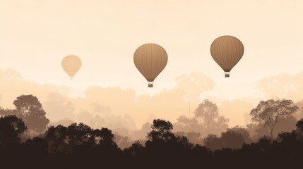 Fototapeta premium Three hot air balloons soar over a misty forest.