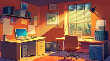 Workplace room, modern Interior, cabinet. Office with computer. Colorful vector illustration in flat cartoon style.