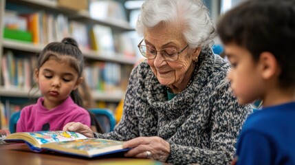 Elderly volunteer programs, senior helping children read in a community library, lively engagement.