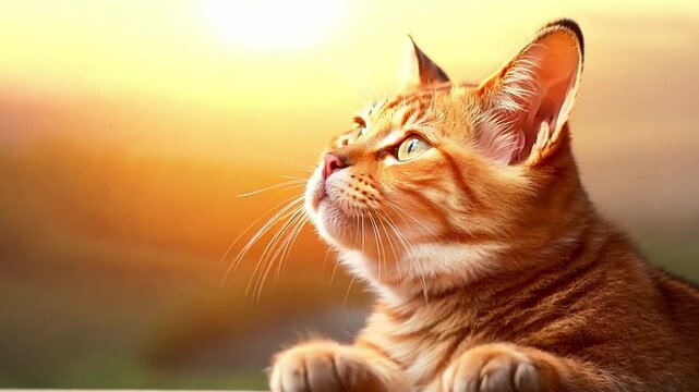An orange tabby cat with striking yellow eyes gazes upwards with empty copy space for text. Its curious expression capturing a moment of feline intrigue. Generative AI