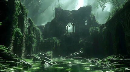 Overgrown Ruins: Ancient Stone Structures Submerged, Mysteriously Enveloped by Lush Greenery