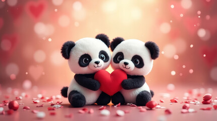 Obraz premium Romantic Valentine Scene with Cute Plush Pandas and Space for Text